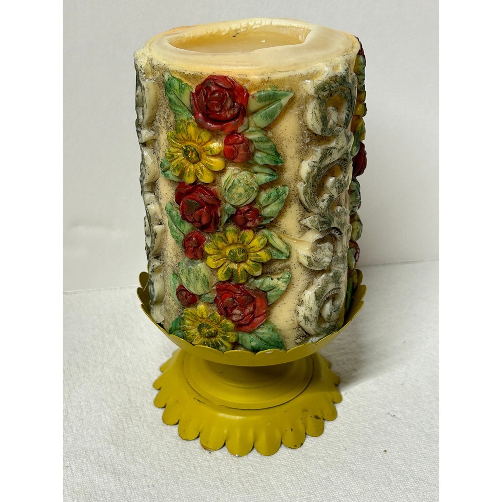 Vintage Sculpted Carved Candle with Metal Stand Mid Century Colorful Floral RARE